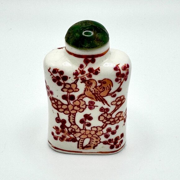 Antique Snuff Bottle Hand-Painted Ceramic With Jade Stopper & Floral Bird Design - Picture 2 of 13